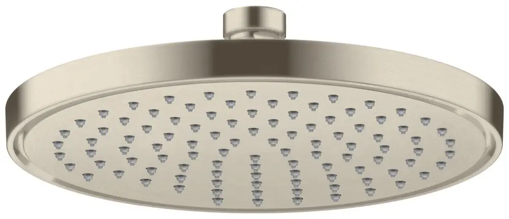 Kopfbrause von AXOR in gebürstetem Nickel mit runder Form und gleichmäßig verteilten Wasserstrahlauslässen. Geeignet für eine Wandmontage im Badezimmer.